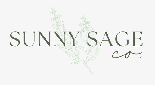 Logo for Sunny Sage Co. with green text and leaf graphics on a light gray background